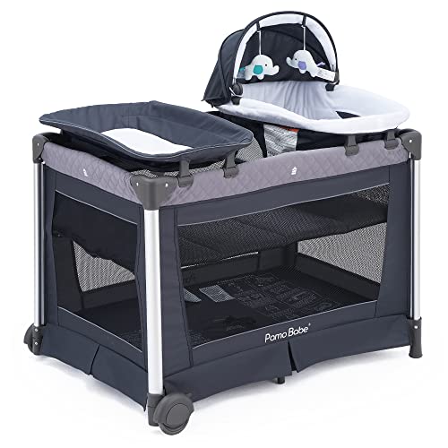Pamo Babe Deluxe Baby Playard with Foldable Mattress, Large Changing Table, Detachable Childcare Center (Grey)