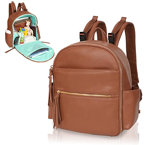 MOMINSIDE Small Diaper Bag Backpack, Mini Baby Diaper Bag with 11 Pockets, Leather Travel Baby Bag for Baby Girls, Diaper Bag Organizers, 2 Insulated Pockets, Stroller Straps, Baby Registry (Brown)