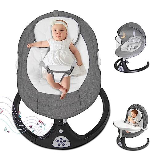 Baby Bouncers for Infants，5 Swing Speeds and 3 Seat Positions Baby Bouncers， Bluetooth Baby Rocker with Tray/Remote Control/2 Stuffed Animals，Portable Baby Swing for 5-26 lbs, 0-12 Months