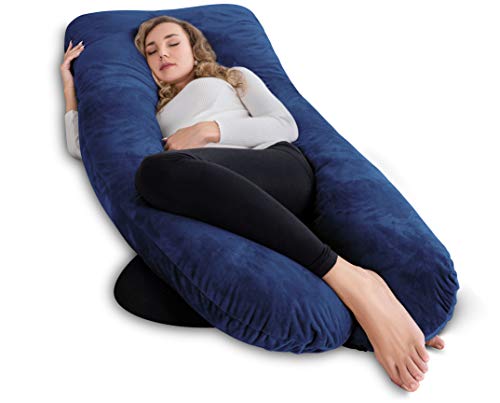 AngQi Pregnancy Body Pillow, U Shaped Full Body Pillow with Removable Velvet Cover, Navy Maternity Pillow