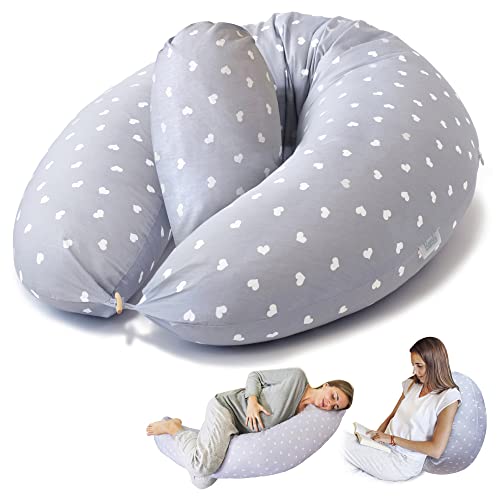 Bamibi® Pregnancy Pillow – Full Body Support Maternity Pillow for Sleeping – Providing Support for Adults and Pregnant Women Back, Hips, Legs & Belly – Removable 100% Cotton Cover (Gray Hearts)