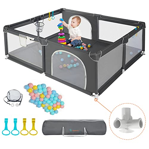 COMOMY Playpens for Babies and Toddlers, 79″x71″ Baby Playard Extra Large, Safe and Non-Slip Baby Fence, Full Mesh Design, Indoor & Outdoor Kids Activity Center, Baby Play Pens (Dark Grey)