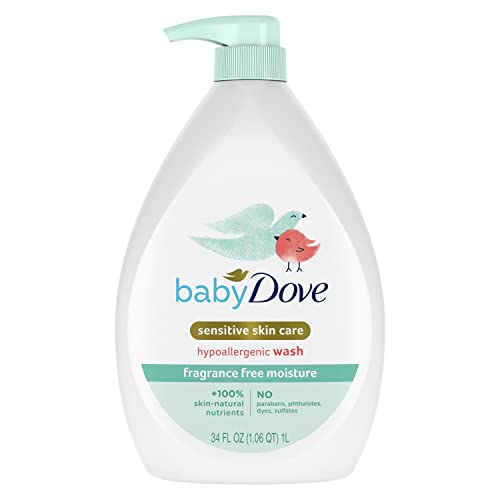 Baby Dove Sensitive Skin Care Baby Wash For Baby Bath Time Fragrance Free Moisture Fragrance Free and Hypoallergenic, Washes Away Bacteria 34 oz