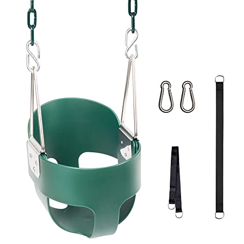 Toddler Swing, KINSPORY Baby Swing Outdoor, Heavy-Duty High Back Full Bucket Infant Swing Seat, 59″ Coated Chains with Tree Straps for Swing Sets Outdoor Backyard (Green)