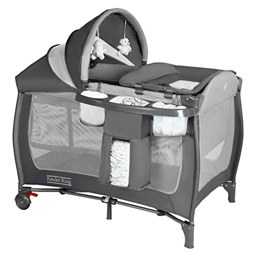 Kinder King 4 in 1 Portable Pack n Play, Baby Nursery Center Playard w/Bassinet, Large Playpen for Infant and Toddler, Newborn Changing Table, Adjustable Canopy, Storage Basket, Travel Bag, Grey