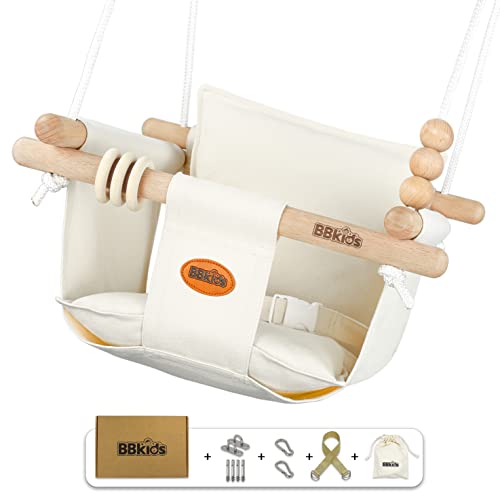 BBkids Indoor Baby Swing, Canvas Baby Swing, Wooden Hammock Hanging Swing Seat Chair with Safety Belt, Outdoor Kids Toddler Baby Tree Swing, Full Set of Ceiling Screws. (Cream)