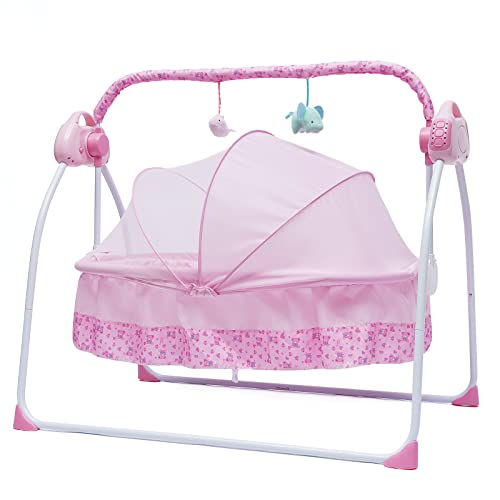 MhdunueSK Electric Baby Crib Cradle,Baby Cradle Swing with 5 Gears Adjustable Remote Control Infant Musical and Timing Function,55Lbs Load Bearing Capacity,16.4ft Remote Control Distance (Pink)