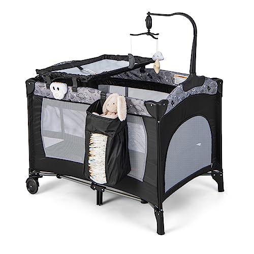 BABY JOY 4 in 1 Pack and Play, Portable Baby Playard with Bassinet, Side Zipper Door, Changing Table, Lockable Wheels, Glowing Music Box, Travel Baby Crib Bassinet Bed from Newborn to Toddler