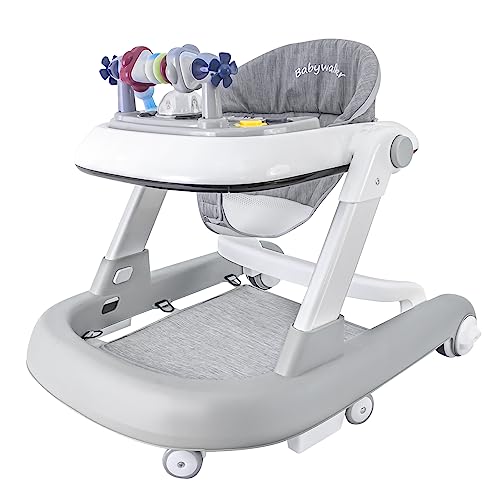 Foldable Baby Walker, 3 in 1 Toddler Walker Bouncer, Learning-Seated, Walk-Behind, Music, Adjustable Height, High Back Padded Seat, Detachable Trampoline Mat, Activity Walker with Toys (Grey)