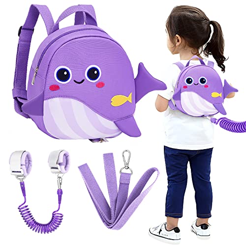 Accmor Toddler Backpack Leash, Cute Kid Backpacks with Anti Lost Wrist Link, Mini Child Backpack Harness Leashes Walking Wristband Rope Travel Bag Rein for 1-3 Years Baby Boys Girls (Purple Whale)