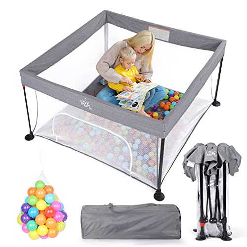 MEM Baby Playpen, Foldable Playpen for Babies and Toddlers, Indoor Outdoor Playpen Baby Activity Center with Zipper Gate, Pop Up Portable Playpen Play Yard for Baby, 49″x49″, Grey