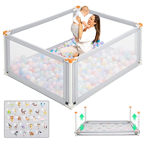 YOOFOR Large Size Baby Playpen Liftable Play Yard with Animal Playmat Upgraded Children’s Activity Center Sturdy Indoor&Outdoor Playground for Toddlers (71″x59″x27.5″) Grey