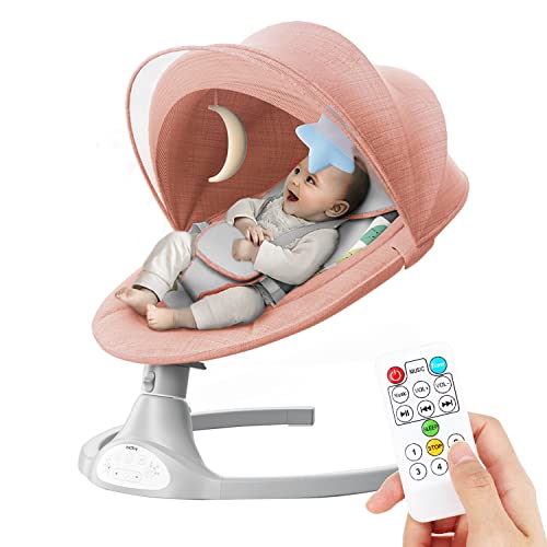 Bioby Baby Swing for Infants with 5 Sway Speeds, Electric Baby Bouncer for Newborn 5-20 Lb, 0-12 Months, Baby Rocker with Remote Control, Touch Screen, Bluetooth Music Player for Lullabies, Pink