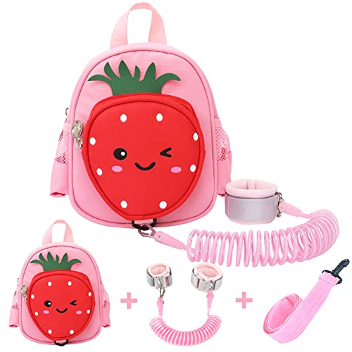 Toddler Backpack with Leash, Accmor 4 in 1 Kids Mini Backpacks with Anti Lost Wrist Link, Cute Child Harness Bag Rein for Outdoor, Strawberry Back Pack Rope Tether for Baby Girls Aged 1-3 Years (Pink)