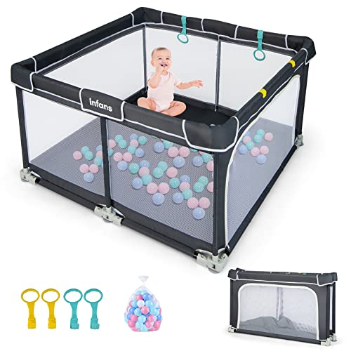 INFANS Baby Playpen, 50’’x50’’ Foldable Large Baby Playard for Toddlers with Gate, Soft Visible Mesh, Indoor Outdoor Kids Activity Center Baby Fence with 4 Handlers 50 Ocean Balls (Black)