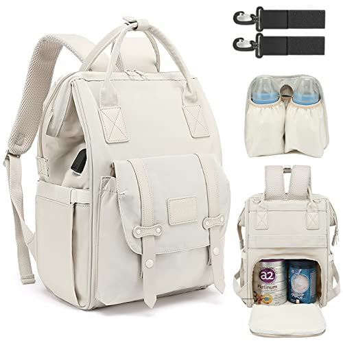 AUYRE Diaper Bag Backpack Nappy Changing Bags Waterproof Travel Backpack with USB Charging Port & Stroller Straps Baby Shower Gifts (Beige)