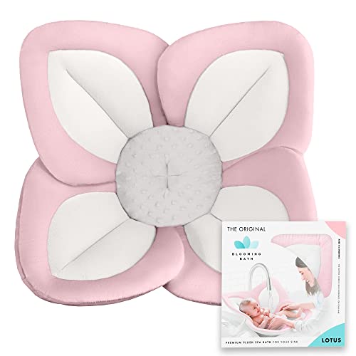 Blooming Bath Lotus Bath Pad – Plush Minky Baby Sink Bathtub Cushion – The Original Washer-Safe Flower Seat for Newborns – Pink/White/Gray