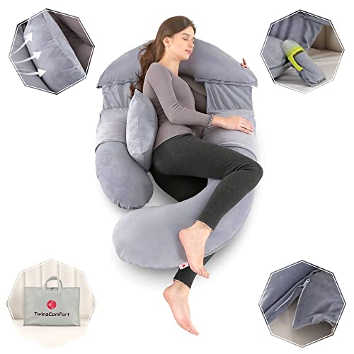 TwinsComfort Full Pregnancy Pillow with 2 Pockets – Maternity Body Pillow for Sleeping, Nursing, Leg, Arm, Back & Belly Support – Breastfeeding Pillow with Extra Pillow, Removable & Washable Cover