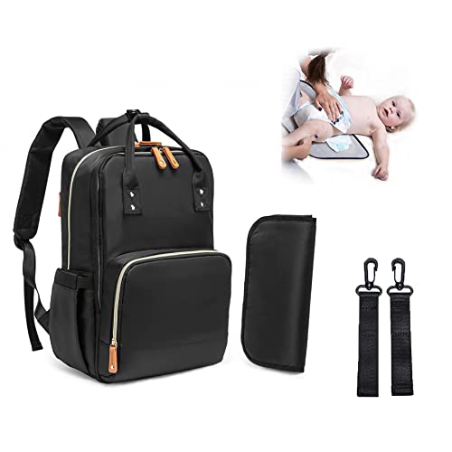 NUNET Diaper Bag Backpack Black W. Portable Changing Pad, Stroller Straps, Large Diaper Bag for 2 Kids (Girls/Boys), Multipurpose Lightweight Travel Back Pack for Moms Dads