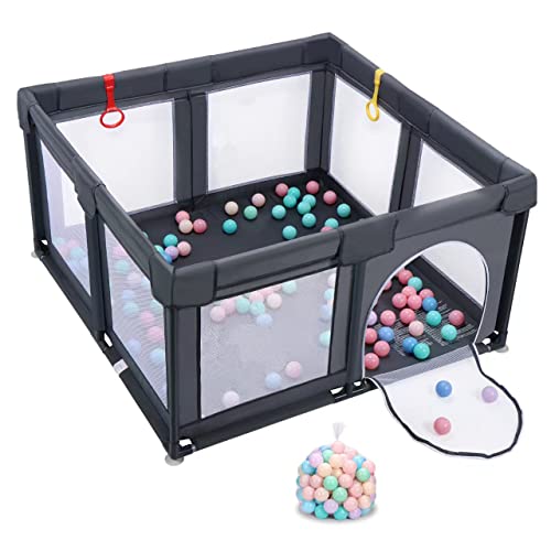 Baby Playpen, Playpen for Babies and Toddlers Indoor & Outdoor Kids Activity Center with 50 Ocean Balls Small Baby Playard Breathable Mesh Kids Safety Play Area, 47in x 47in (Dark Gray)