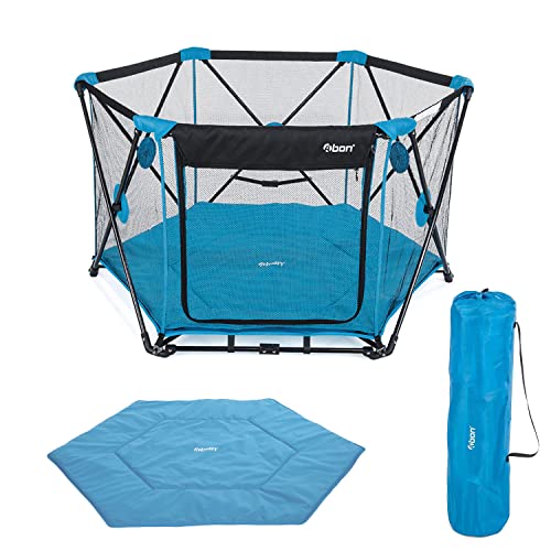 Abon Portable 6 Panel Play Pen Playard for Infants and Babies Indoor and Outdoor, Lightweight Mesh Toddler Hexagon Fence Play Area Washable,Foldable 53″ Wx 30″ H(Blue)…