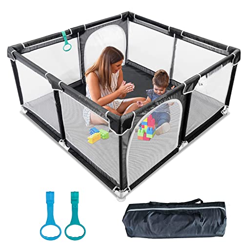 Baby Playpen 50”×50”,Pack N Play,Playard,Baby Gate,Kids Activity Center,Playpen for Babies & Toddlers,Indoor Outdoor(Black)