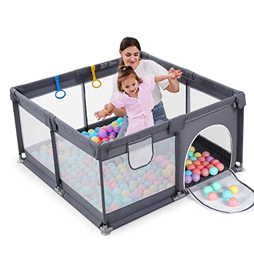 Baby Playpen, Baby Fence with Gates, Playpen for Babies and Toddlers, Playards with Pull-up Rings, Visible Mesh, Safe Anti-Fall Sturdy Baby Play Area, Waterproof Oxford Cloth 50×50″