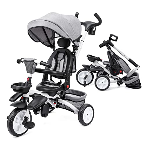 Babevy Baby Tricycle, 7 in 1 Folding Toddler Bike w/Removable Adjustable Push Handle, Canopy, Rotatable Seat, Safety Harness, Cup Holder & Storage, Trike for 1-5 Year Old, Tricycle for Toddlers (Gray)