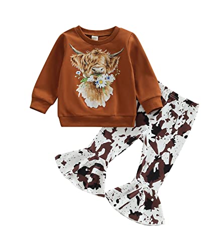 Kid Baby Girl Outfits Clothes Bell-Bottoms Long Sleeve Cotton Sweatshirt Tops Cow Print Pants Girls Clothing Set (Caramel-Cow, 2-3 Years)