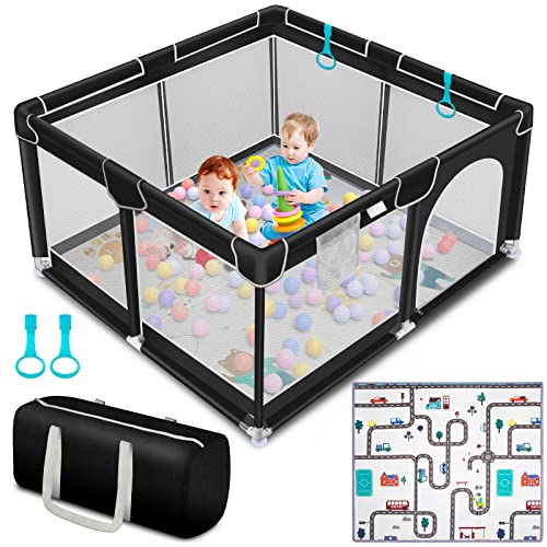 Suposeu Baby Playpen with Mat, Playpen for Babies and Toddlers with Gate, Indoor & Outdoor Playard Kids Activity Center with Anti-Slip Base (Black)