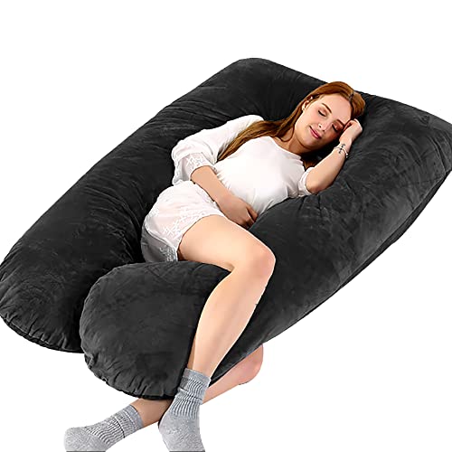 Pregnancy Body Pillows for Sleeping, U Shaped Full Body Pillow for Adults, Maternity Pillows for Women, Support Neck, Back, Belly, Legs, Hip, Removable Velvet Cover Washable, 55 inches Black