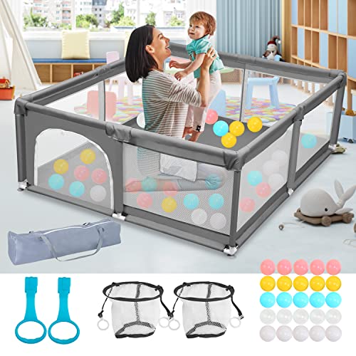 PlayPen for Babies and Toddlers-Aukivon 71″x59″ Extra Large Baby Playpen with Storage Bag Baby Playard with Door, 2 Pull Rings & 50 Ocean Balls for Kids for Indoor & Outdoor, Anti-Collision, Grey