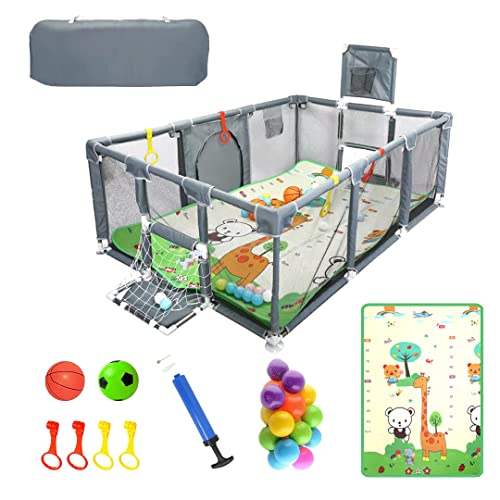 Large Playpen with Mat, Playard for Babies Toddlers and Kids, Baby Fence with Accessories for Kids, Play Pen Indoor & Outdoor Activity, Play Yard for Boys and Girls, Sturdy Kids 71″×47″×26″ (Grey)