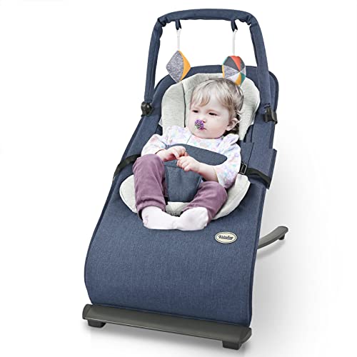 Baby Bouncer, Bouncer for Babies, Portable Baby Rocker with 3-Point Harness(Dark Blue)