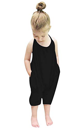 Lindanina Slouch Jumpsuit for Toddlers Baby Harem Strap Romper Little Girls Backless Halter Playsuit with Pockets Cute Solid One Piece(Black, 4-5T)