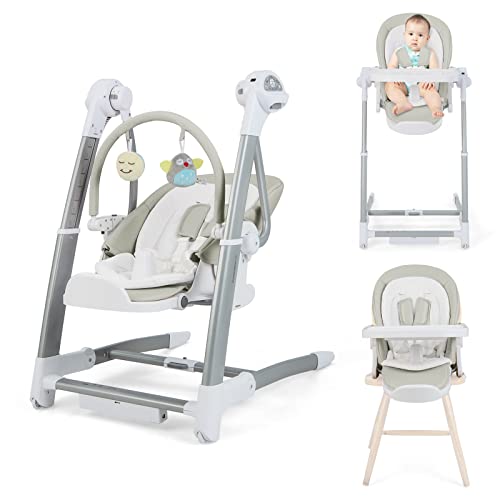 BABY JOY Baby Swings for Infants, 3 in 1 Foldable High Chair w/ 8 Adjustable Height, 5-Position Backrest, 3 Timer Settings, 12 Melodies and 5 Natural Sounds, Booster Seat for Dining Table (Gray)