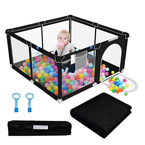 JUSONEY Baby Playard,Baby Playpen with Mat,50”×50” Baby Playpen for Toddler with Gate, Indoor & Outdoor Playard for Kids Activity Center with Anti-Slip Base,Sturdy Safety,Soft Breathable Mesh-Black