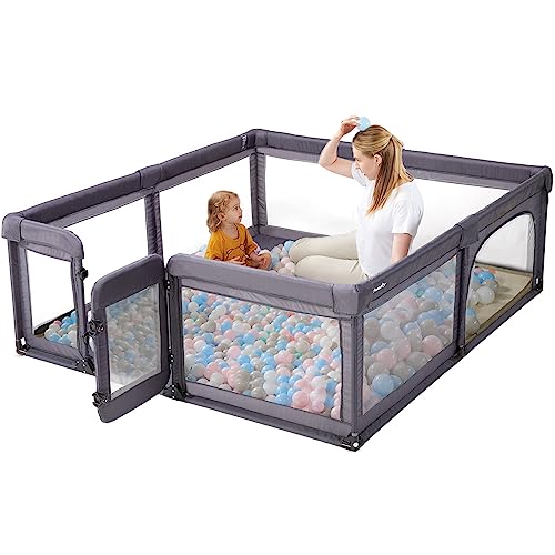 Sweeby Baby Playpen, 79×71 Playpens for Babies and Toddlers with Gate, Large Baby Play Yards with Zipper Door, Indoor & Outdoor Baby Fence, Dark Grey