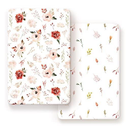 Stretchy Ultra Soft Jersey Knit Fitted Pack n Play Sheets Set 2 Pack, Portable/Mini Crib Sheets, Fit Playard Fitted Sheets Safe and Snug, Pretty Watercolor Rose Flora for Baby Girls, Orange Pink