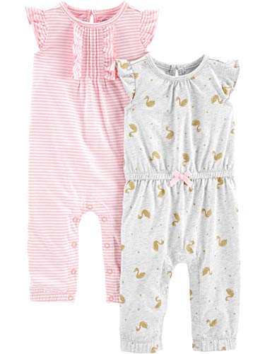Simple Joys by Carter’s Baby Girls’ Fashion Jumpsuits, Pack of 2, Grey Heather Swan/Pink Stripe, 18 Months