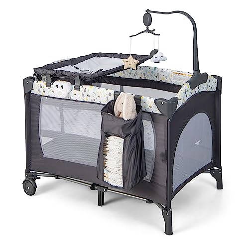 BABY JOY 4 in 1 Pack and Play, Portable Baby Playard with Bassinet, Changing Table, Lockable Wheels, Glowing Music Box, Travel Baby Crib Bassinet Bed from Newborn to Toddler