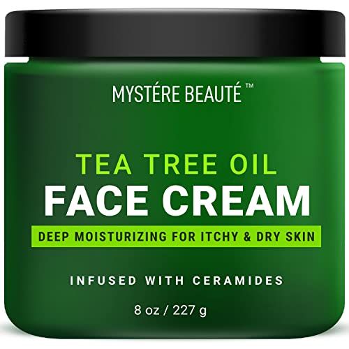 MYSTÉRE BEAUTÉ Tea tree Oil Face Cream Infused with Therapeutic Essential Oils and Vitamin C, Boosts Complexion, Lightens Look of Scars, Soothes Acne, Visibly Reduces Wrinkles – 8 oz