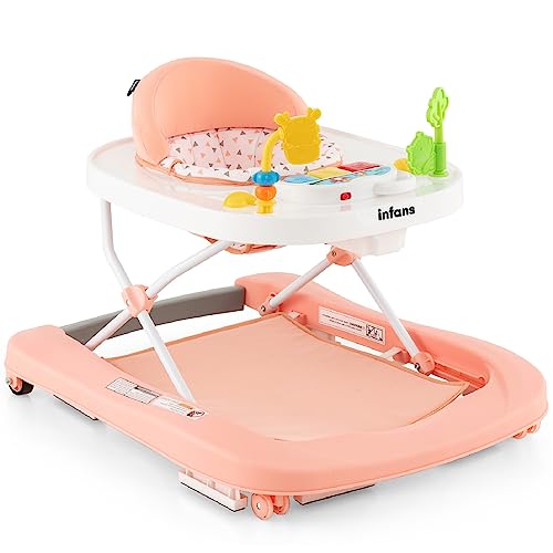 INFANS Foldable Baby Walker, 3 in 1 Toddler Walker Bouncer, Learning-Seated, Walk-Behind, Music, Adjustable Height, High Back Padded Seat, Detachable Trampoline Mat, Activity Walker with Toys,