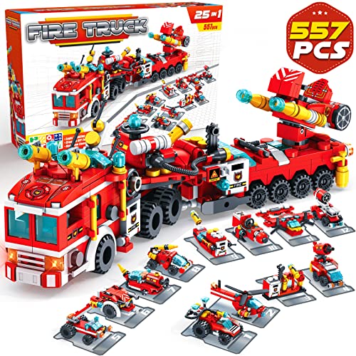 Innorock Construction Building Toys for Kids – 25 in 1 Fire Truck Boat Helicopter Car Toy Building Blocks Model Kit Educational STEM Activities Gifts for Boys Girls Teen Age 6 7 8 9 10 11 12 Year Old