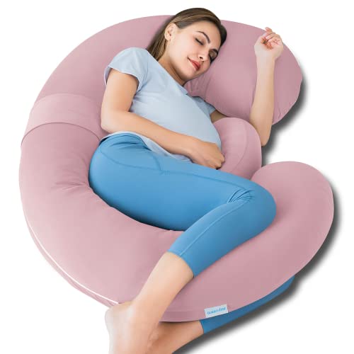 QUEEN ROSE Cooling Pregnancy Pillows – E Shaped for Sleeping, with Wedge Belly Support, 60 inch Maternity Body Pillow, Breathable Jersey Cover,Pink