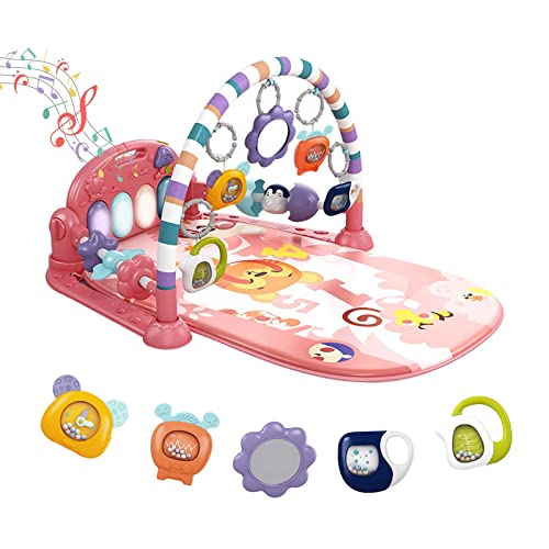 Baby Play Mat Baby Gym,Funny Play Piano Tummy Time Baby Activity Gym Mat with 5 Infant Learning Sensory Baby Toys, Music and Lights Boy & Girl Gifts for Newborn Baby 0 to 3 6 9 12 Months (Pink)