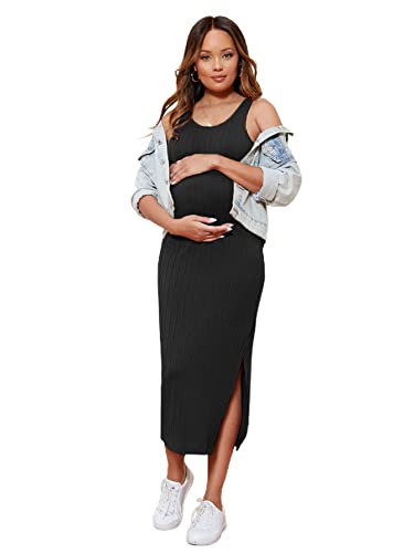 Romwe Women’s Maternity Rib Knit Split Side Sleeveless Bodycon Tank Pencil Dress Black M