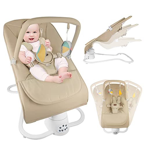 Baby Bouncer for Infants, Newborn Bouncer with Comfortable and Soothing Seat, Portable Bouncer with Music and Vibrations Indoor & Outdoor 0-6 Months (Beige)