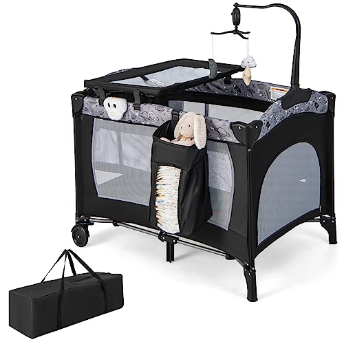 HONEY JOY Pack and Play, 4 in 1 Portable Baby Playard with Bassinet, Changing Table, Lockable Wheels, Music Box, Foldable Travel Baby Crib Nursery Center from Newborn to Toddler (Dark)