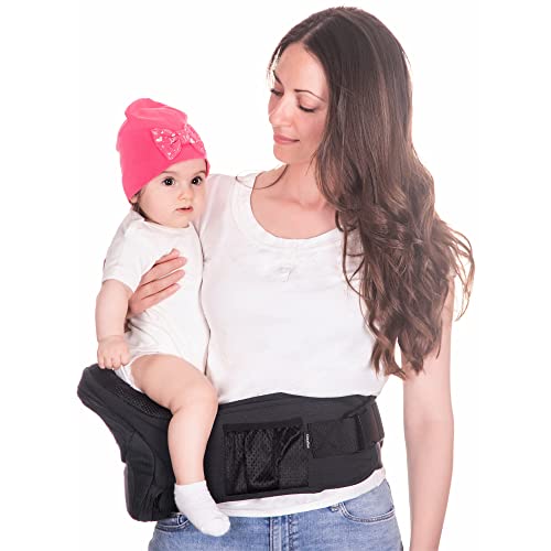 CozyOne – CPC-Certified Hip Seat Baby Carrier – New Ergonomic Bench Design, Adjustable Waistband & Various Pockets for Newborns & Toddlers up to 44lbs, All Seasons Carrier(Black)